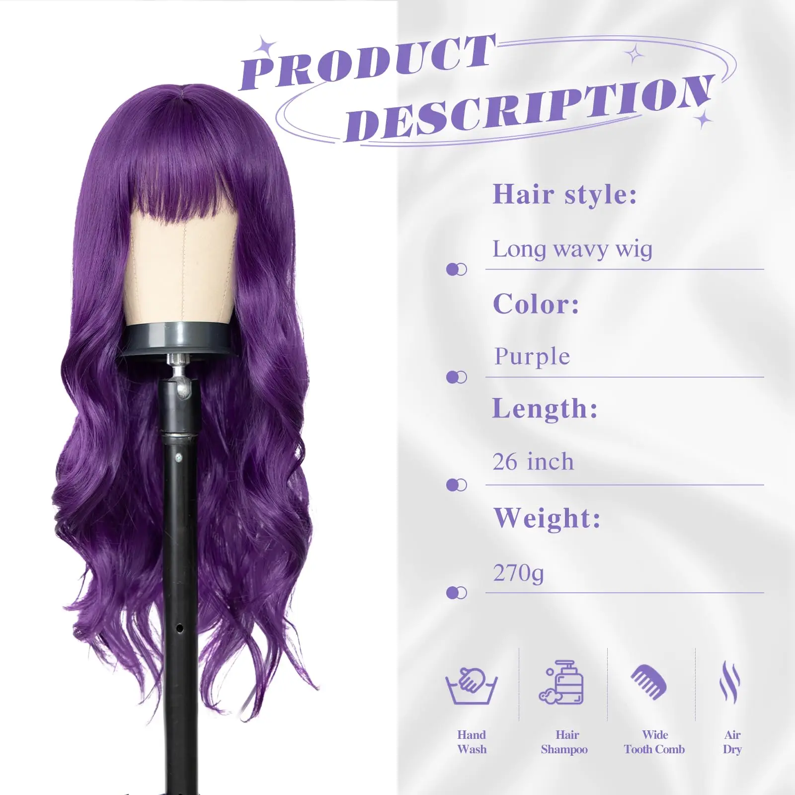 Big Waves Purple 26-Inch Synthetic Wig - Halloween Cosplay Costume Wig - Daily Festival Wig - High-Temperature Silk Wig Set