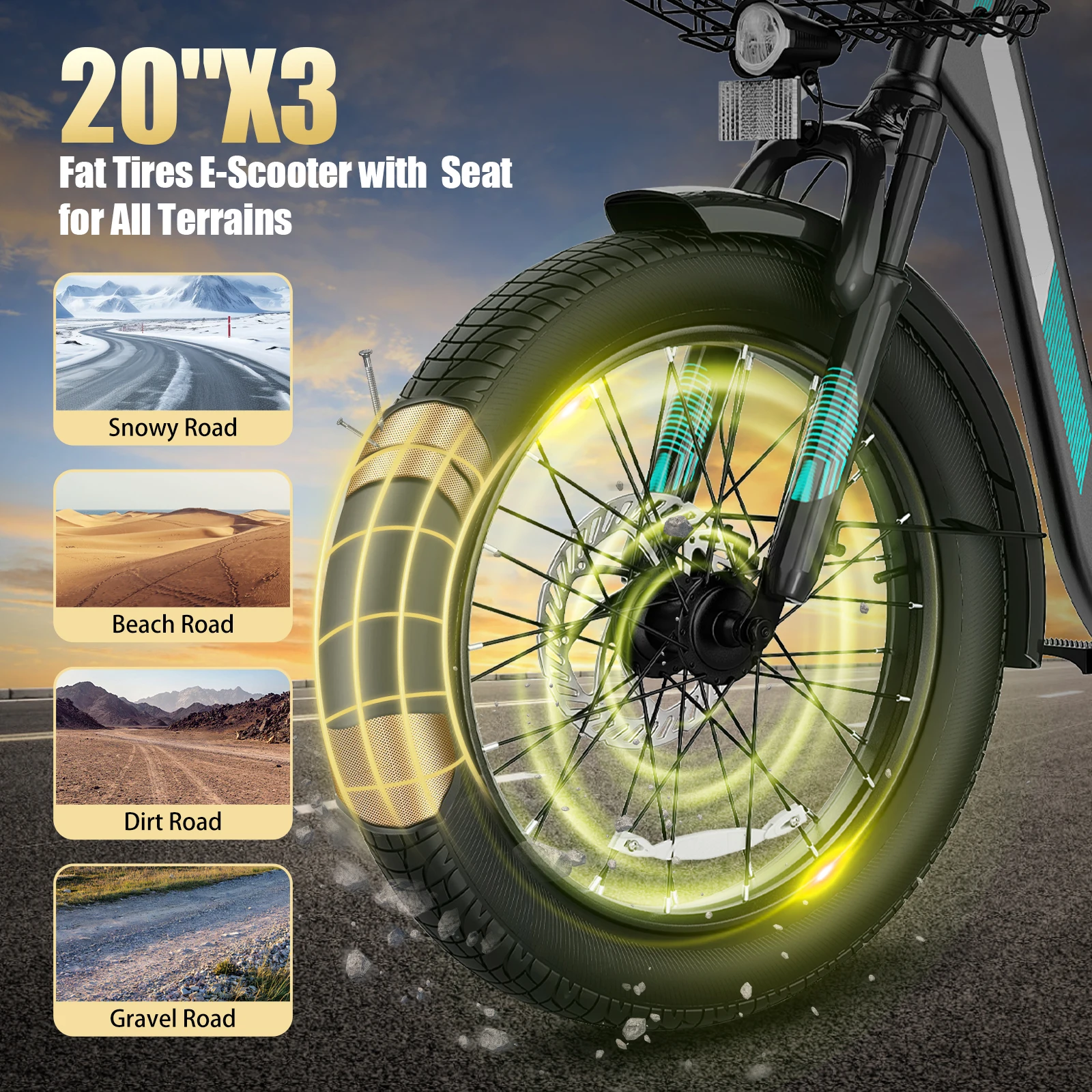 سكوتر كهربائي ذروة 560 وات مع مقعد، دراجة كهربائية بإطارات سميكة مقاس 20 بوصة، سكوتر للكبار للتنقل مع سلة ومقعد قابل للتعديل #3