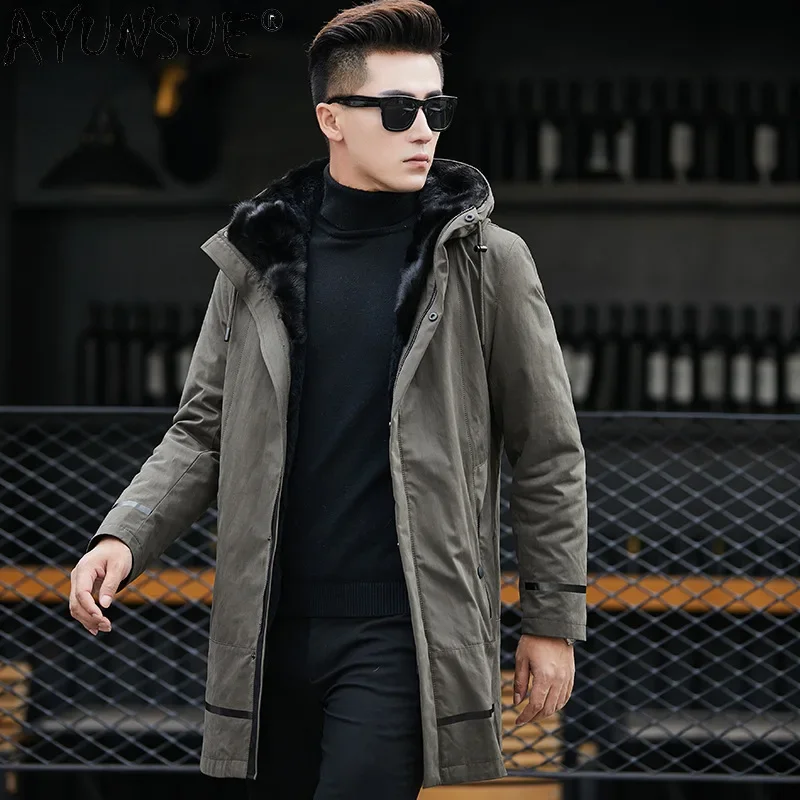 

AYUNSUE Winter Real Fur Coat Men Natural Rabbit Fur Liner Parkas Real Mink Fur Collar Coats Warm Thick Mens Clothing WPY4117