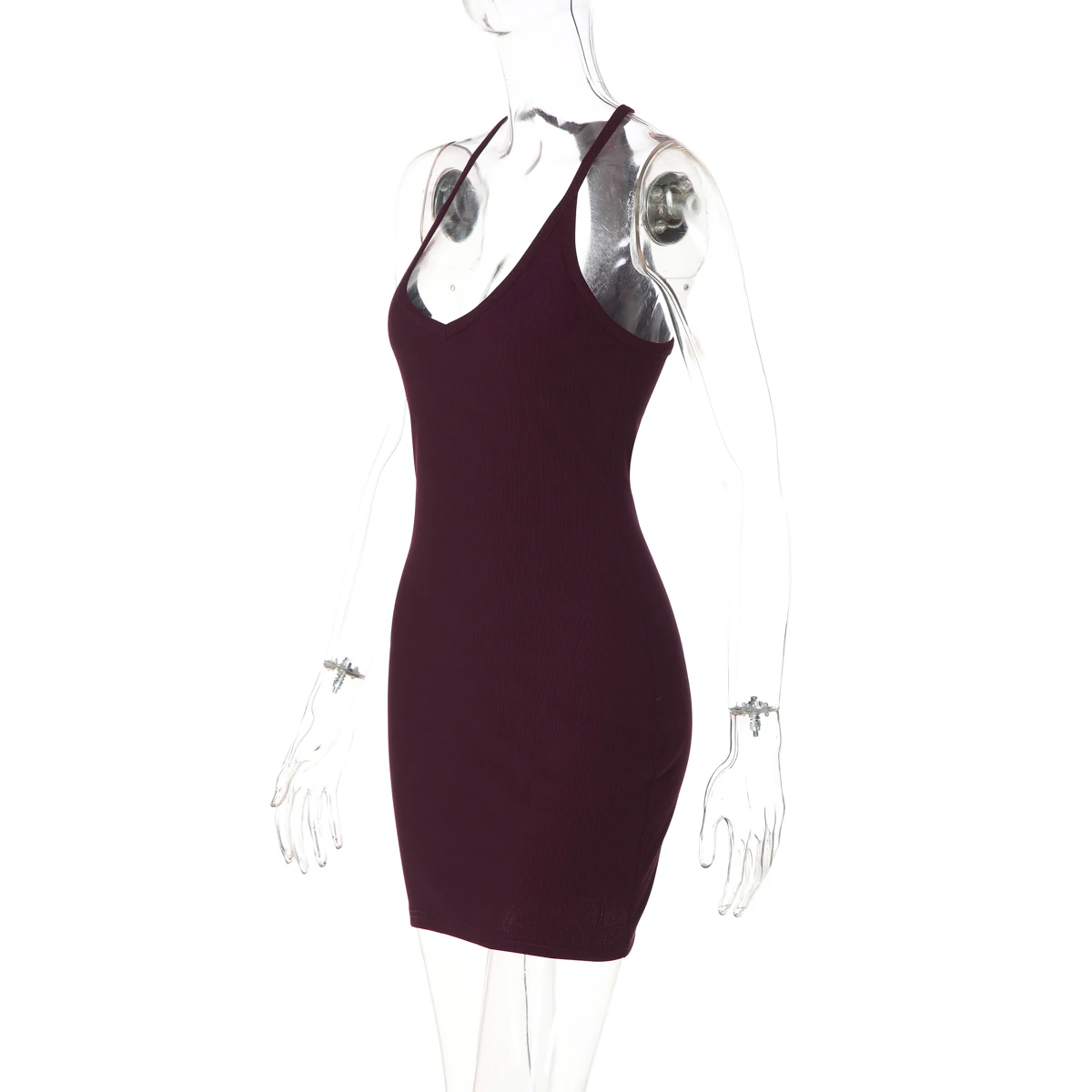 Hugcitar Geripptes Neckholder-Kleid Einfarbiges Rückenfreies Sexy Bodycon Minikleid Frühling Sommer Lässige Damenkleidung Streetwear Party Festival – Detail 3