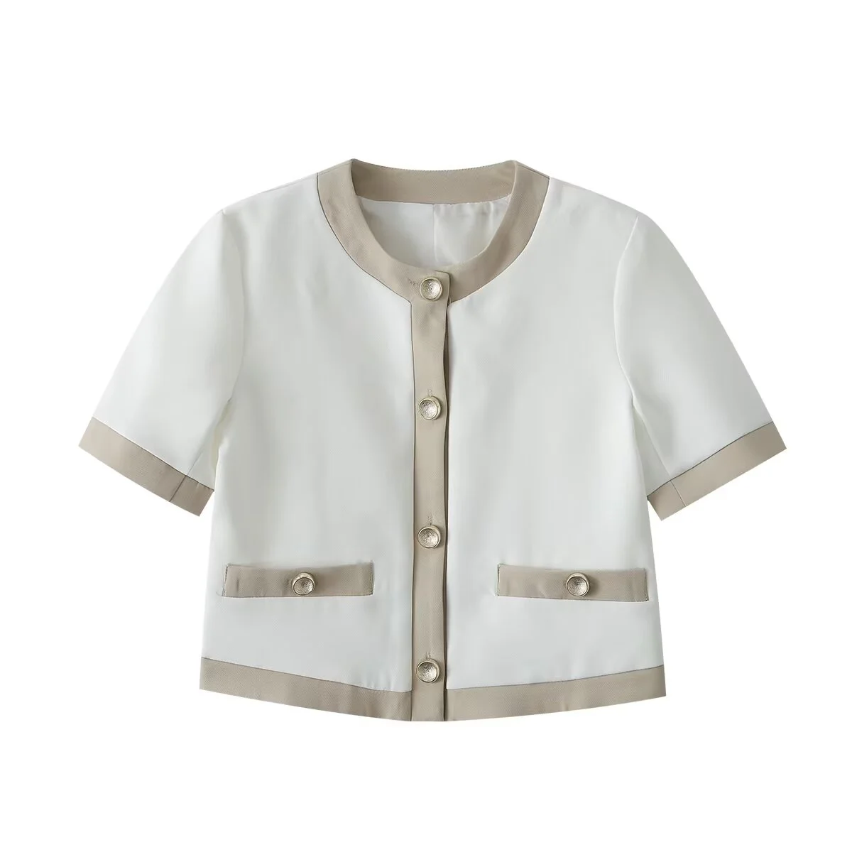 

PB&ZA2025 autumn new women's casual fashion simple commuting stitching round neck short sleeve short jacket