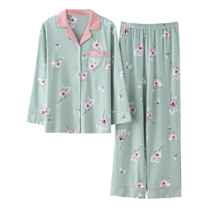 Pijama de algodão de manga comprida feminino, casamanho plus size, cardigã estampado, pijama mãe de meia idade, outono, 100%