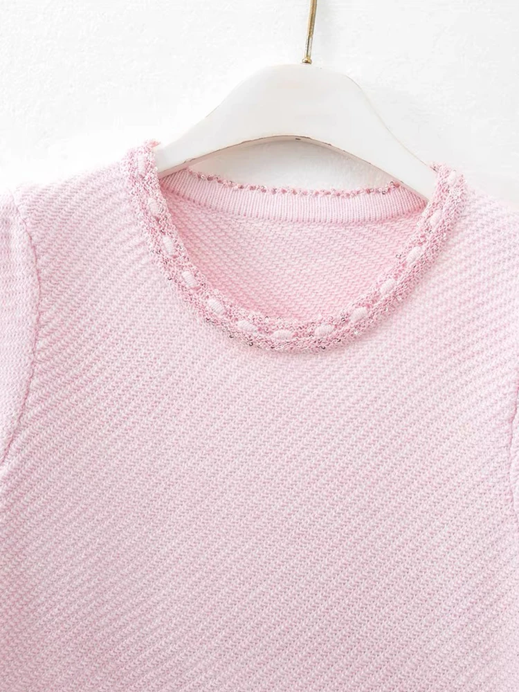 Pink Knitted Dress Women Round Neck Short Sleeve Diamond Button Sweet Female Mini Dress With Pocket C-100