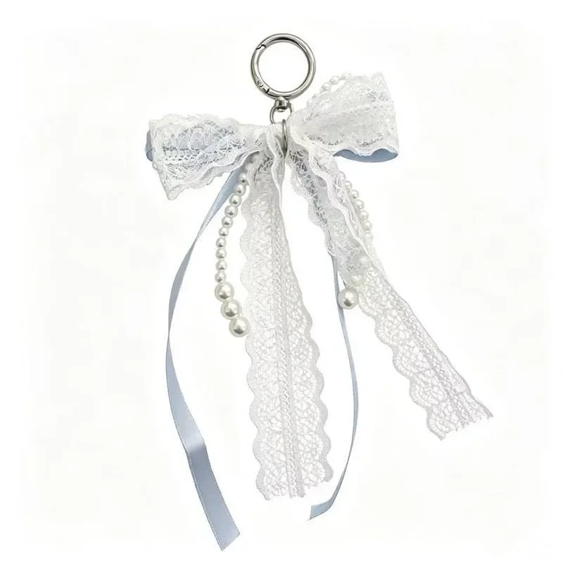 Cute Double Layer Lace Ribbon Pearl Bow Keychain Bag Charm Fabric Pendant Ornament for Backpack Handbag AirPods Ins Style