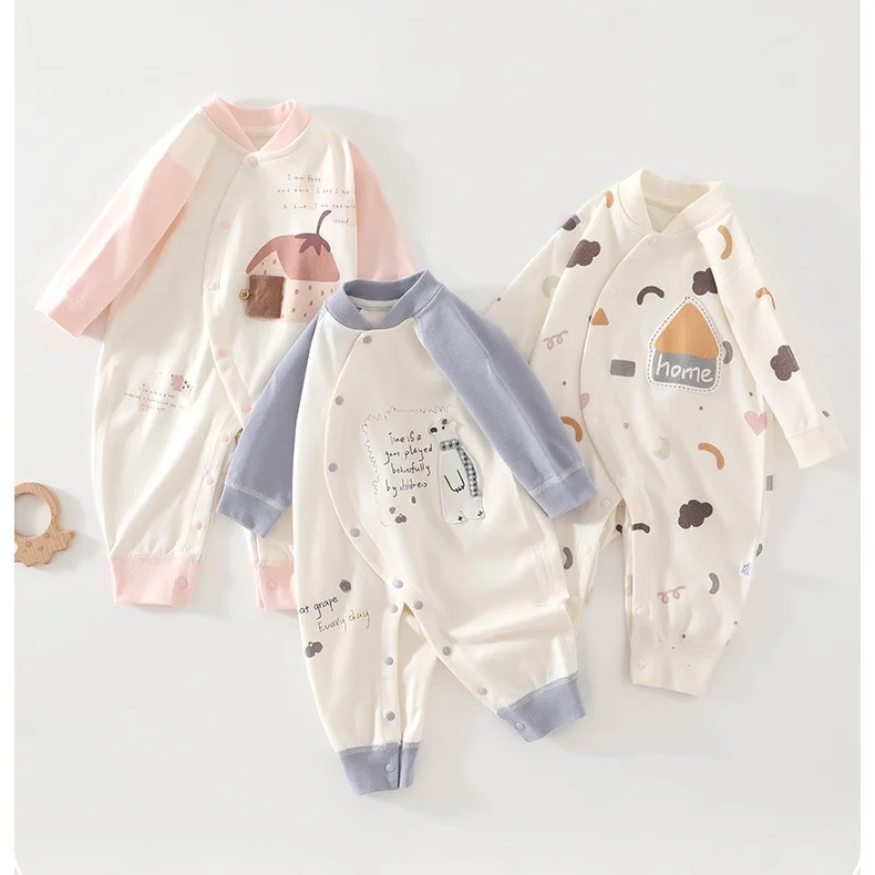 Cotton Baby Jumpsuit Seamless Stitching Newborn Romper Cute Cartoon Print Long Sleeve Infant One Peice for Spring & Autumn
