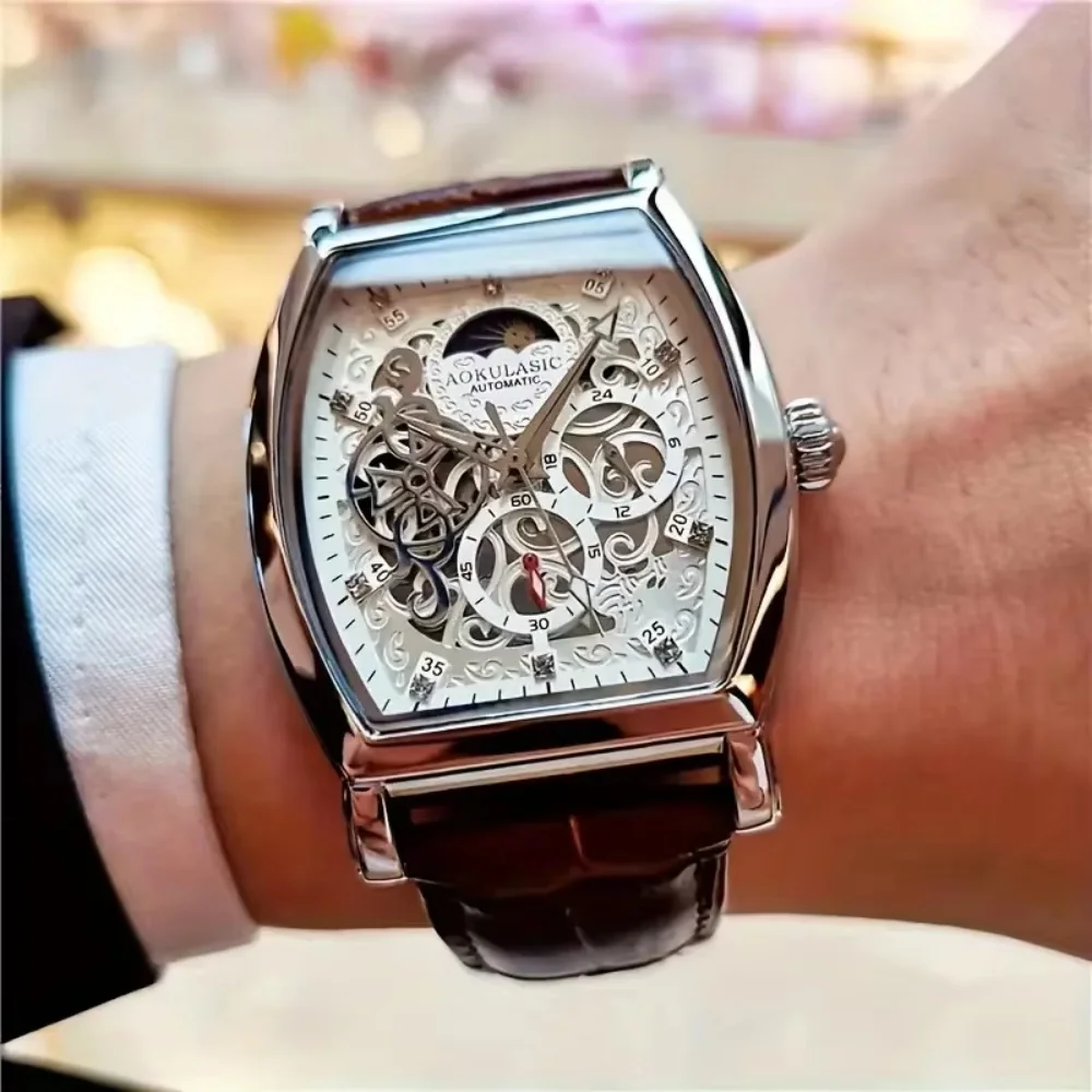 Elegant Men's Tourbillon Automatic Mechanical Watch - Luxurious Men's Watch with Skeleton Design, Leather Strap, Business Casual Style, Barrel-Shaped Dial - Ideal Gift for Him