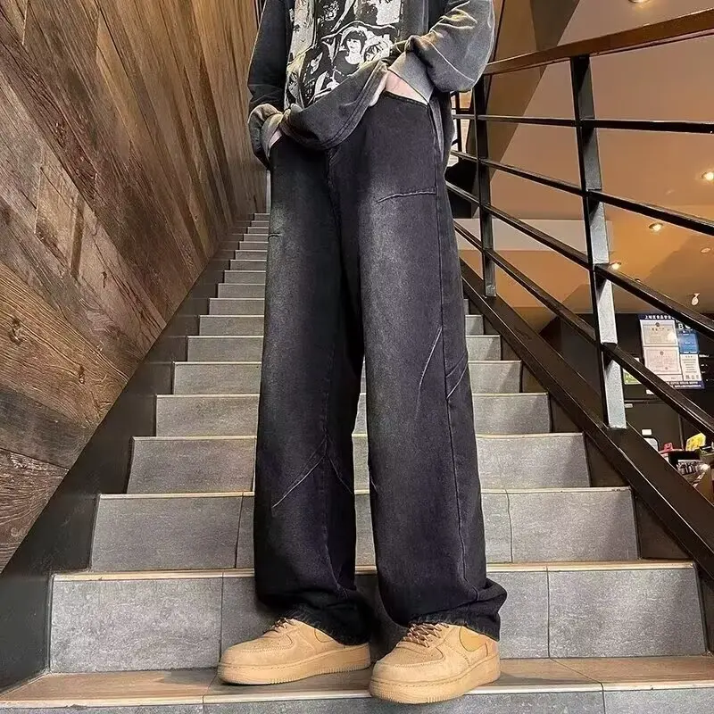 

Летние мужские свободные прямые джинсы, большой размер 250, повседневные длинные брюки в американском стиле ретро, модные утягивающие брюки