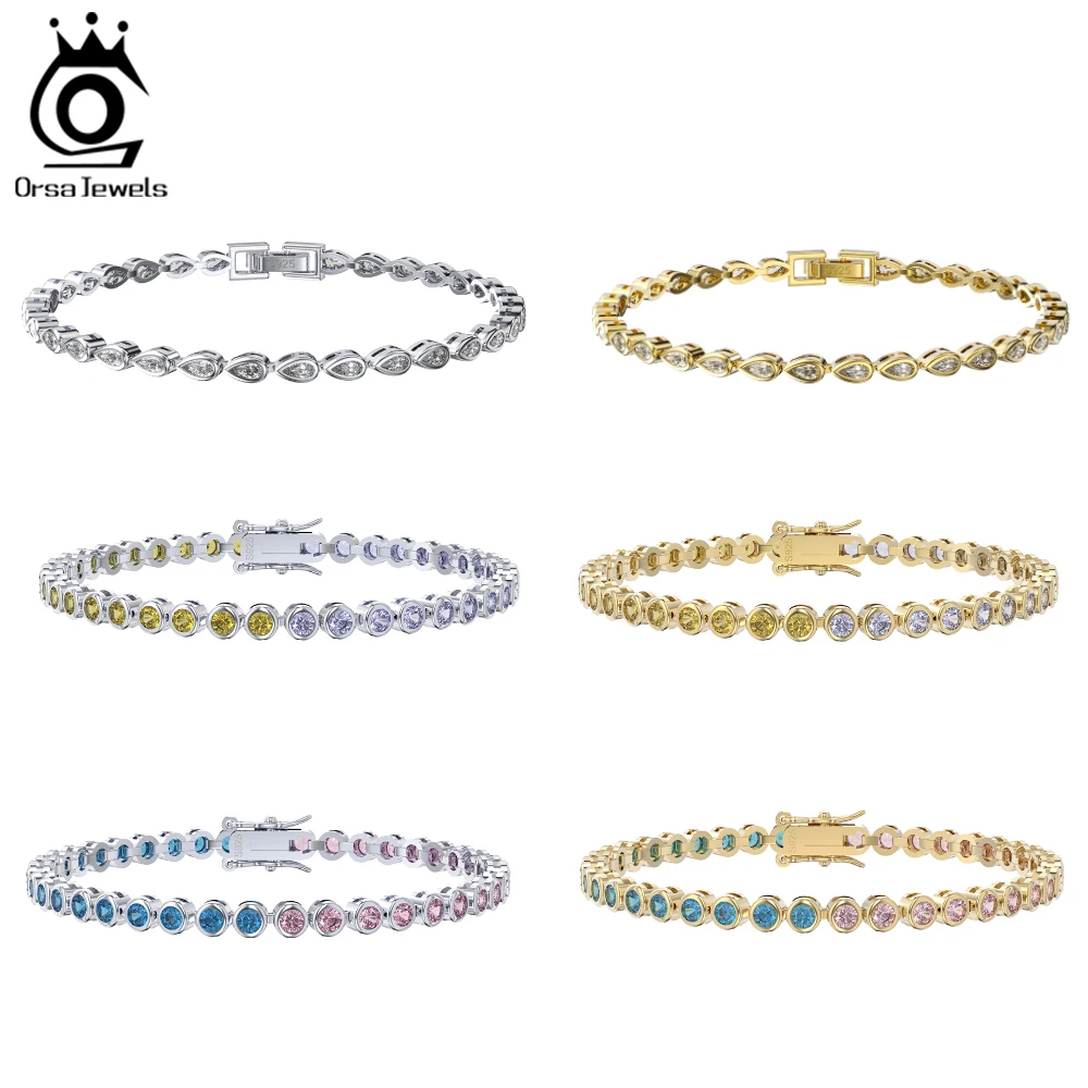 

ORSA JEWELS 100% 925 Sterling Silver Shiny Tennis Bracelet for Women Fashion Colorful Zirconia Bracelet Party Jewelry Gift SB154