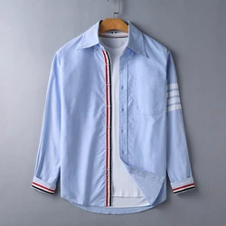 TB THOM Men's Shirt Fashion 4-Bar Stripe Design Men Clothing Korean Loose Casual Solid Cotton Blouses Top Quality TB Shirts