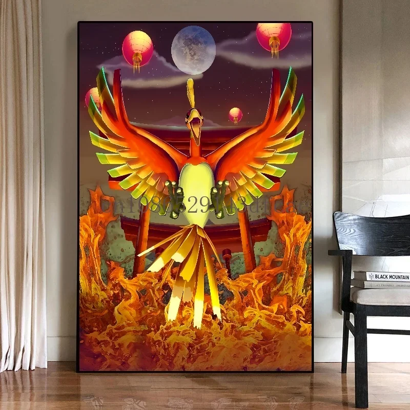 Classic Japanese Anime Peripheral Pokemon Poster Decor Ho-Oh Wall Art Watercolor Canvas Painting Modern Room Decor Picture Gifts