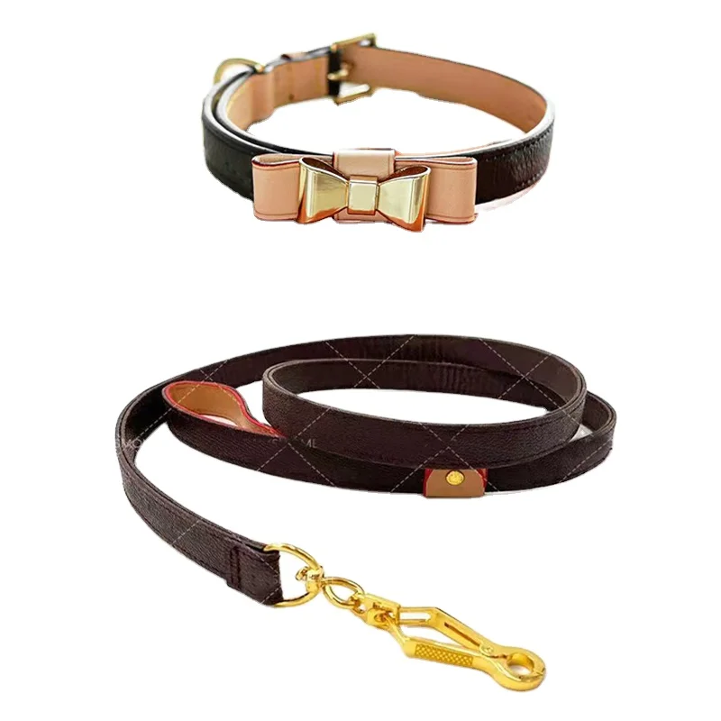 

Wholesale Designer Pet Dog Collars and Leash Sets Classic Fashion Printed Luxury Cat Collars with Engraved Name A-245