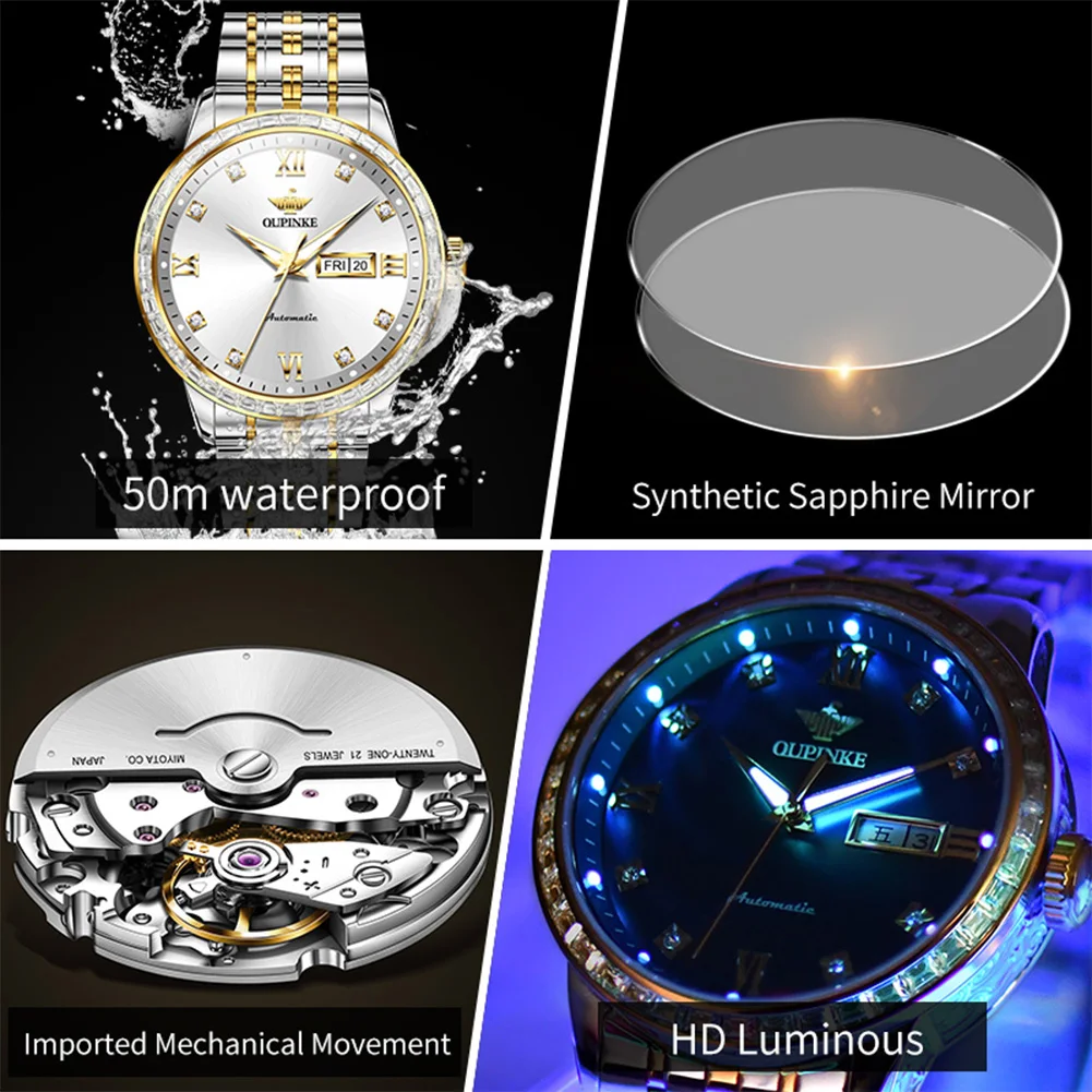 ساعات رجالية OUPINKE 3258 موضة الأعمال الأصلية ساعة ميكانيكية أوتوماتيكية للرجل الياقوت مرآة الماس الحافة تاريخ الأسبوع