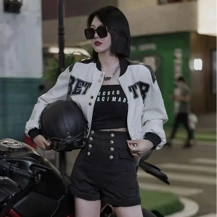 Spring and Autumn American Retro Contrasting Motorcycle Jacket Short Top