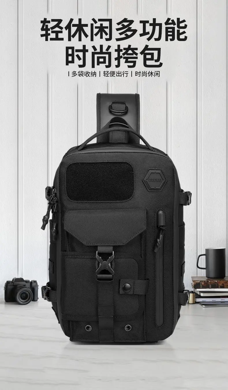 OZUKO Umhängetasche für Herren, Brusttasche, wasserdicht, taktische Taille, Umhängetasche, Reißverschluss, modisch, Outdoor-Sport, großes Fassungsvermögen, Schwarz – Detail 1
