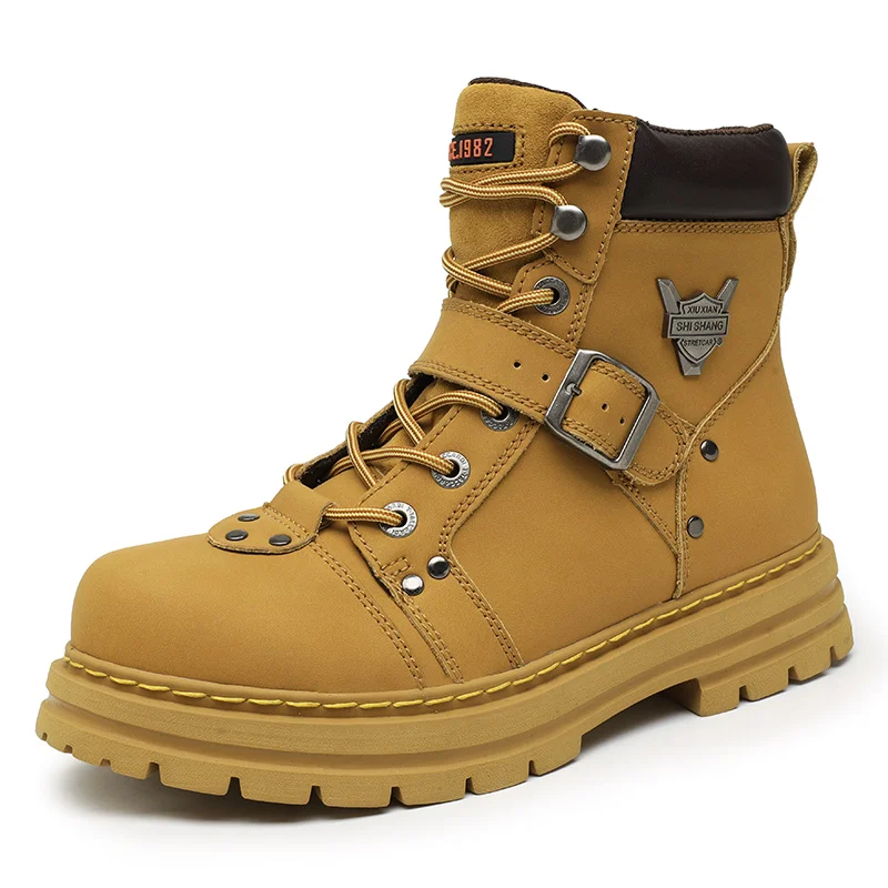 

Genuine Leather Fall Winter Motorcycle Work Boots Man Original Shoes Outdoor Hiking Casual Shoes For Men Waterproof Yellow Boots