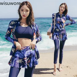 Wisuwore Printing Swimwear Long Sleeved Large Women Swimsuit Trousers Sexy Lingerie Ladies Panties Five Piece Piece Surfing Suit