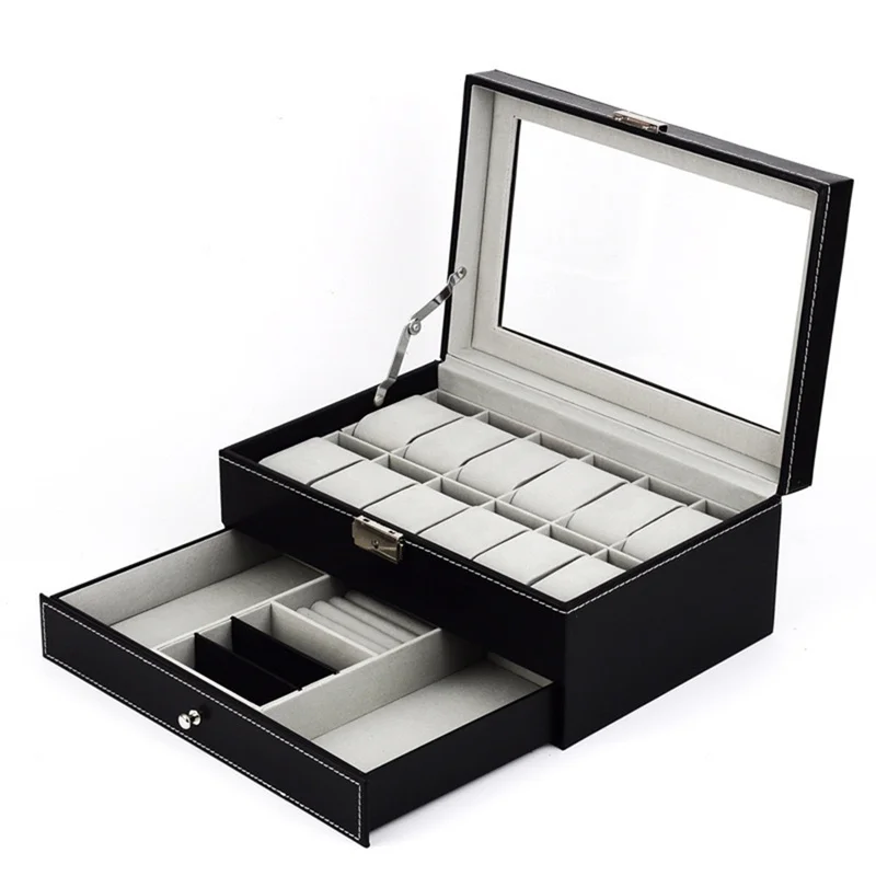 Black Premium PU Leather 12-bit Watch Box Double-drawer Jewelry Watch Storage Box