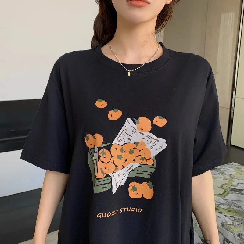 Abito t-shirt a maniche corte stile coreano casual allentato Abito lungo estivo da donna Abito longuette alla caviglia con scollo tondo e spacco allentato