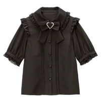 Japanese Kawaii Lapel Neck Bow Shirts Women Summer Short Sleeve Lace Lolita Blouses Y2k Grunge Heart Button Blusas Mujer 2