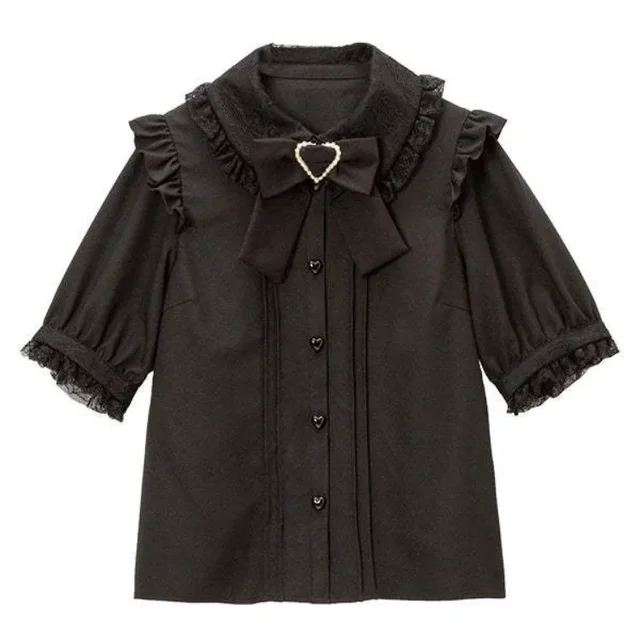 Japanese Kawaii Lapel Neck Bow Shirts Women Summer Short Sleeve Lace Lolita Blouses Y2k Grunge Heart Button Blusas Mujer 2 Japanese Kawaii Lapel Neck Bow Shirts Women Summer Short Sleeve Lace Lolita Blouses Y2k Grunge Heart Button Blusas Mujer 2