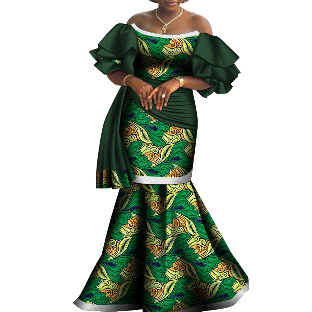 Bintarealwax Off-Shoulder Party Dress Dashiki Elegant Africa Style Clothing for Women Strapless Floor- Length Dresses  WY8794