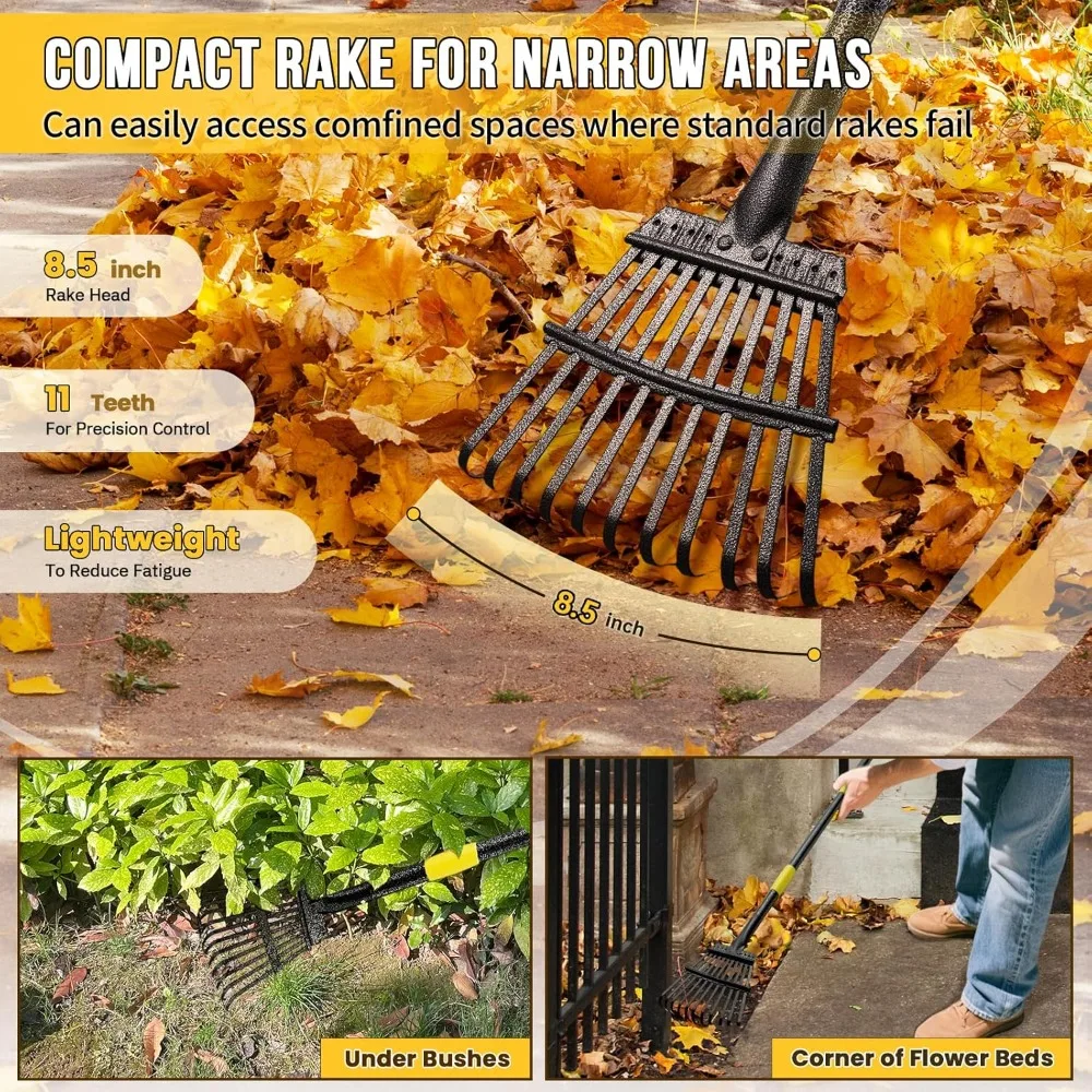 Adjustable Leaf Rake 30"-60" Long Handle, 11 Tines 8.5" Wide, Heavy Duty Metal for Lawn, Garden, Yard, Camping, Shrub, Grass, Weed, Debris view 2