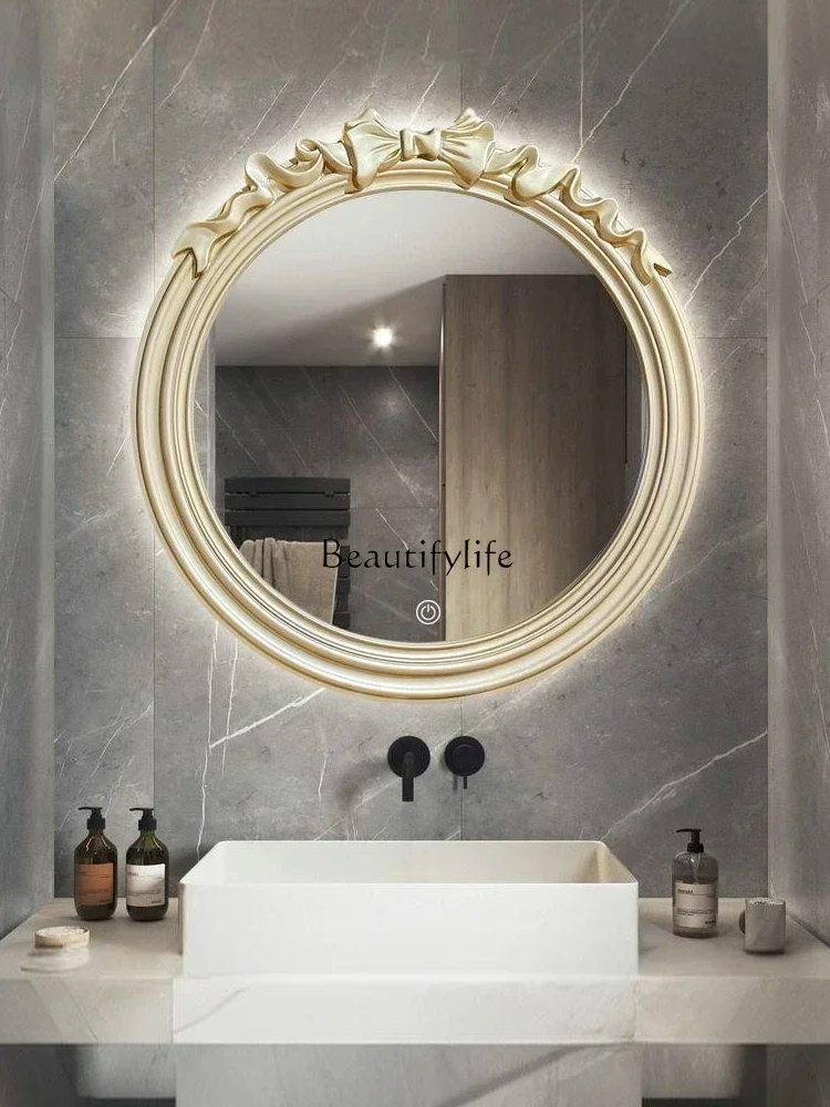 Bathroom Mirror round Wall-Mounted Bathroom Bathroom Mirror French LED Light Defogging