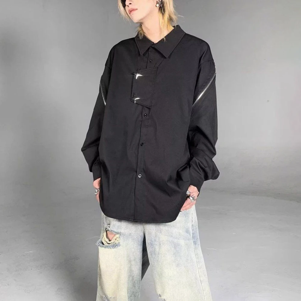 

Mens Cargo Y2k Metal Arm Zipper Shirt Streetwear Fashion Hip Hop Youth Campus Trend Long Sleeve Top Men'S Clothing 2026 New