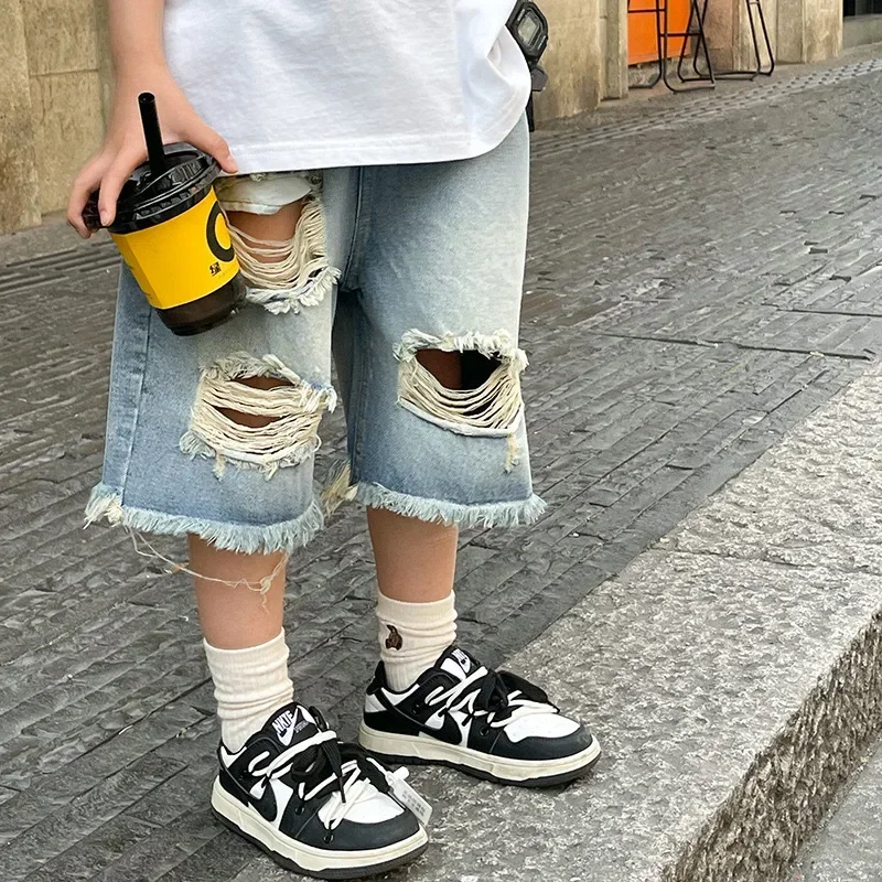 New 2025 Boys Summer Thin Denim Five-point Pants Kids Fashion Ripped Denim Shorts Trousers Teen Casual Jeans Children's Clothing