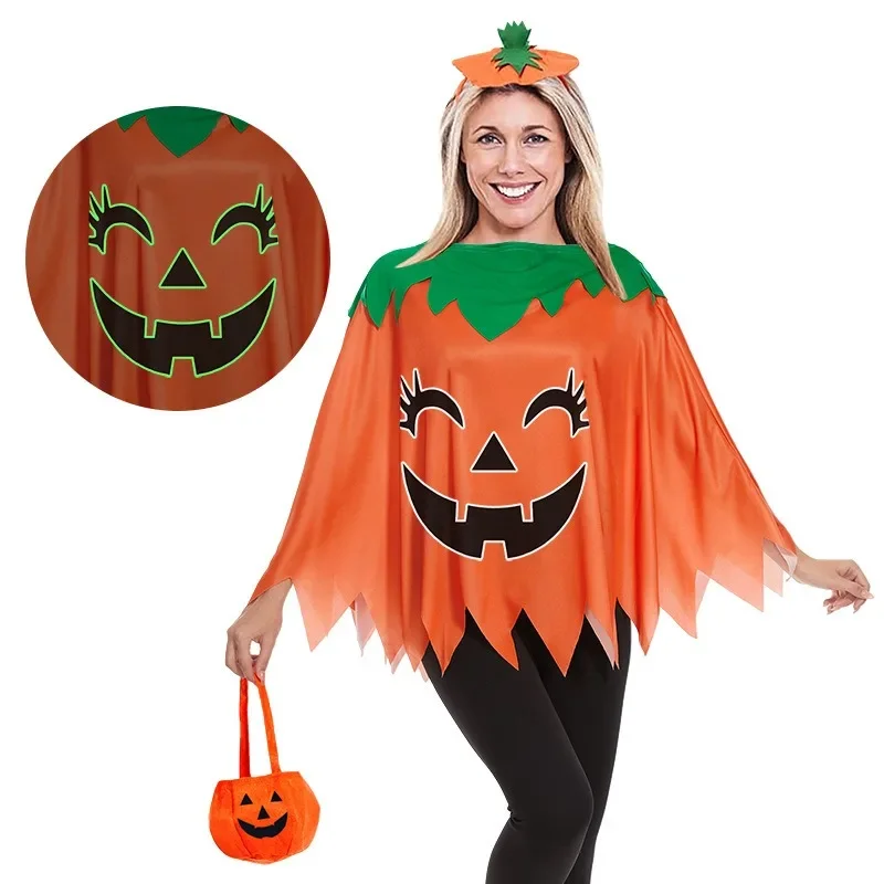 Conjunto de disfraz de Halloween con temática de calabaza para mujer con capa y diadema, traje de fiesta divertido para celebraciones de Halloween