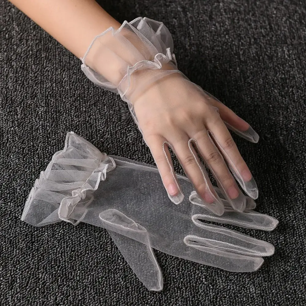 Wrist Transparent Women Tulle Gloves Ultra Thin Full Finger Gauze Lace Gloves Bridal Short Wedding Mesh Gloves Ladies