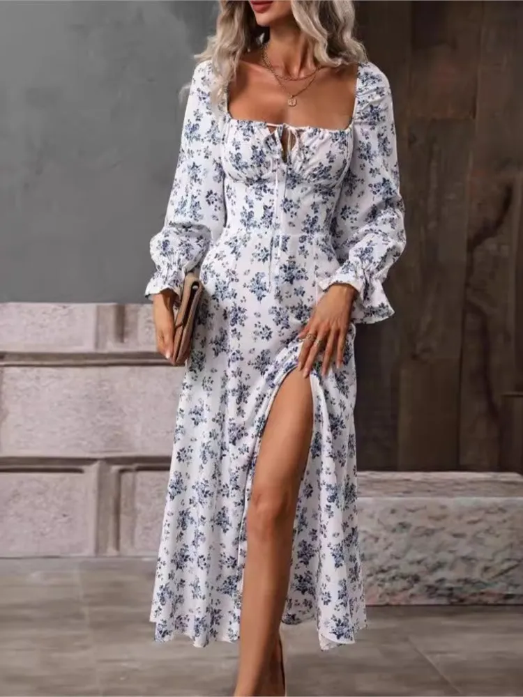 

Female Vintage Printing Midi Dress Fashion Square Neckline Long Sleeves High Waist Dresses Spring Autumn Lady Slit Hem Vestidos