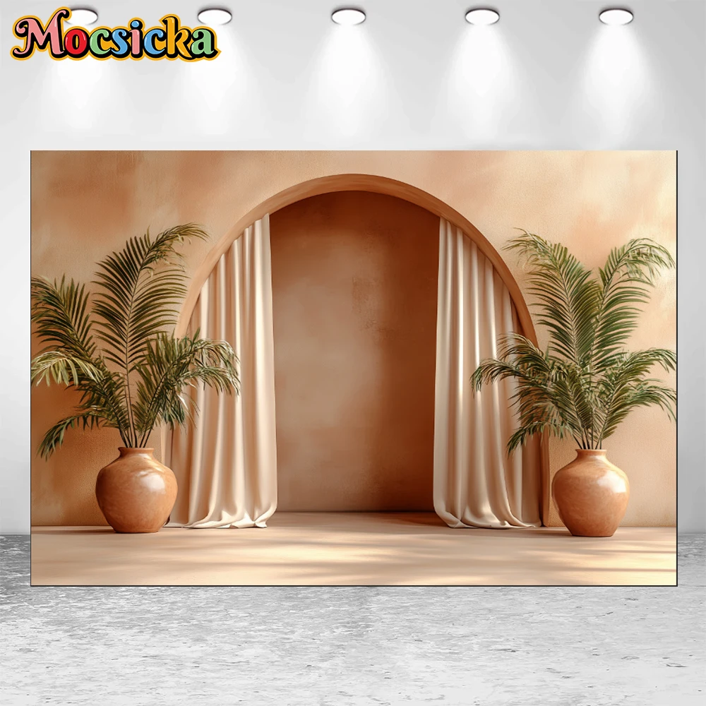 Mocsicka Pink Wall Arch White Curtains Floral Floor Vase Surreal Minimalist Octane Render 3D Lighting Photography Background