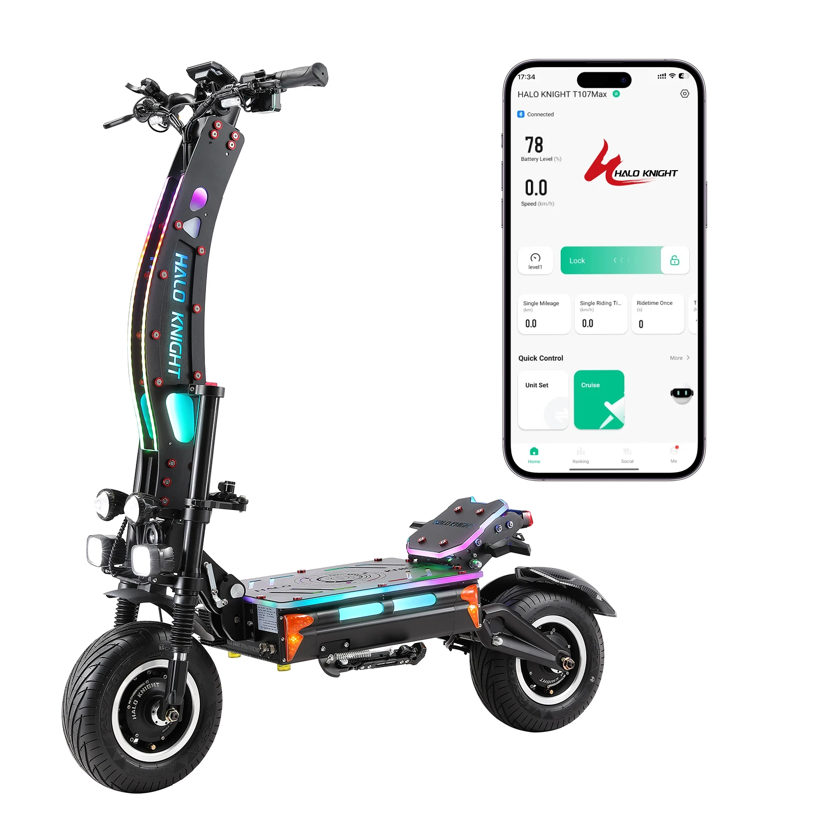 Halo Knight T107 Max Electric Scooter 13 inch Off Road Tire 4000W*2 Dual Motor 120km/h Max Speed 72V 50Ah Battery