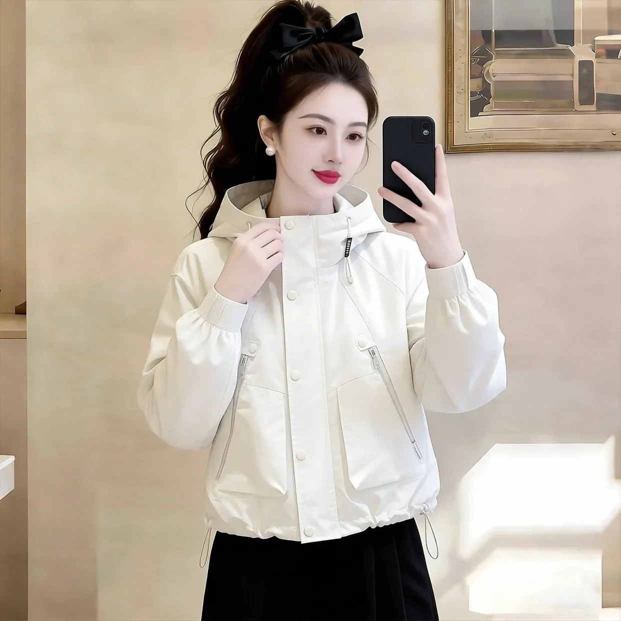 

Y2K 2026New Women's White Hooded Cropped Jacket Casual Zipper Drawstring Short Windbreaker Loose Fit Outerwear for Daily Commute
