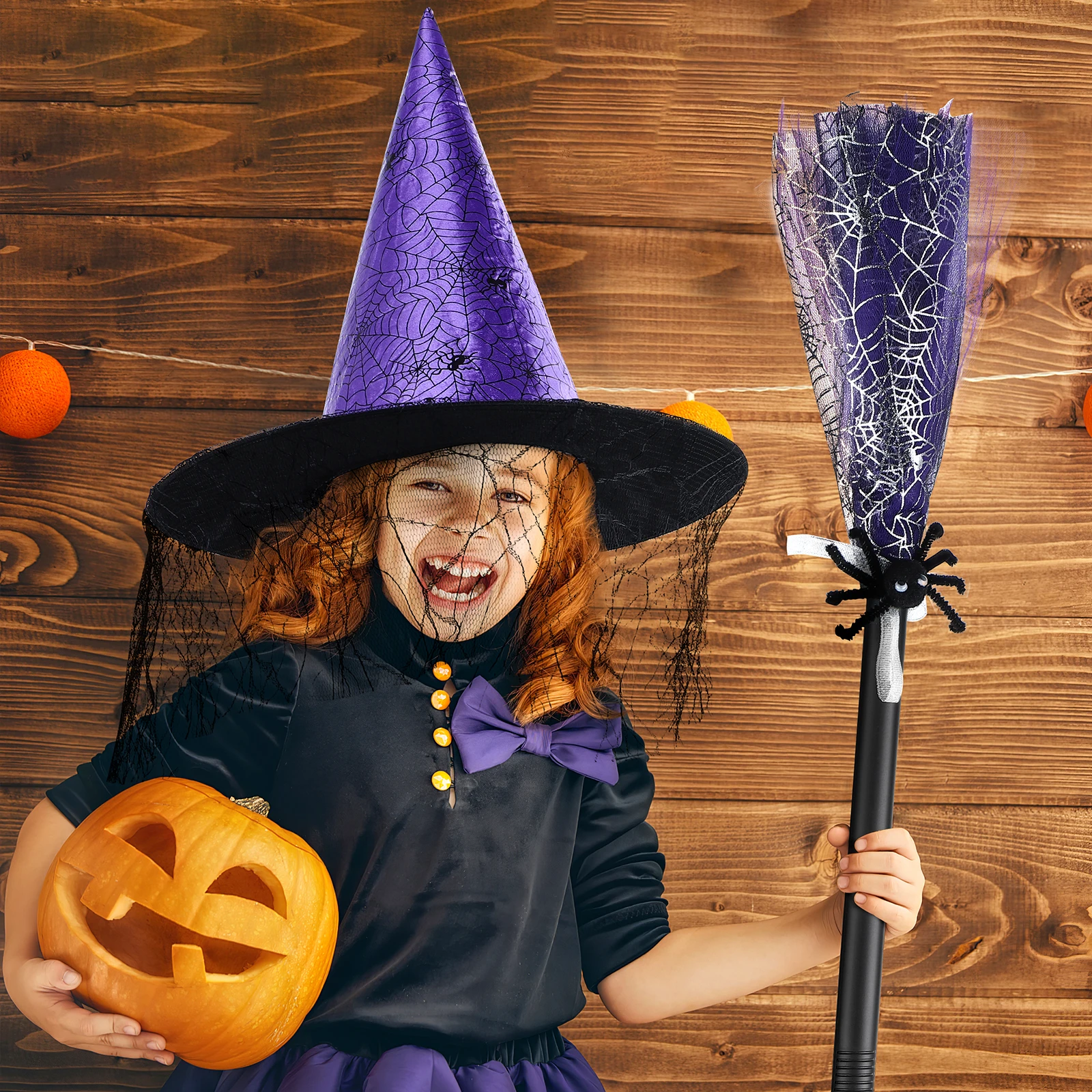 

Purple Double-joint Broomsticks Lightweight Witch Hats Spider Web Patterns Halloween Party Favors Decorations Kids Toys