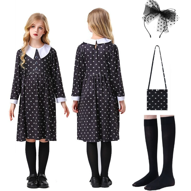 

Wednesday Cosplay Costume Girls Black Gothic Dress bag Costume For Kids Girl Fancy Carnival Party Tulle Dress Gothic Outfit