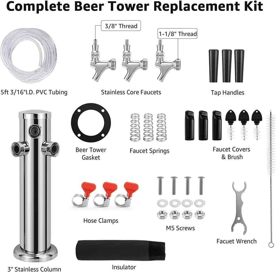 Triple Tap Draft Beer Tower Stainless Steel Beer Tower Dispenser Stainless Core Bee Tap Faucet with Spring Preinstalled BeerLine