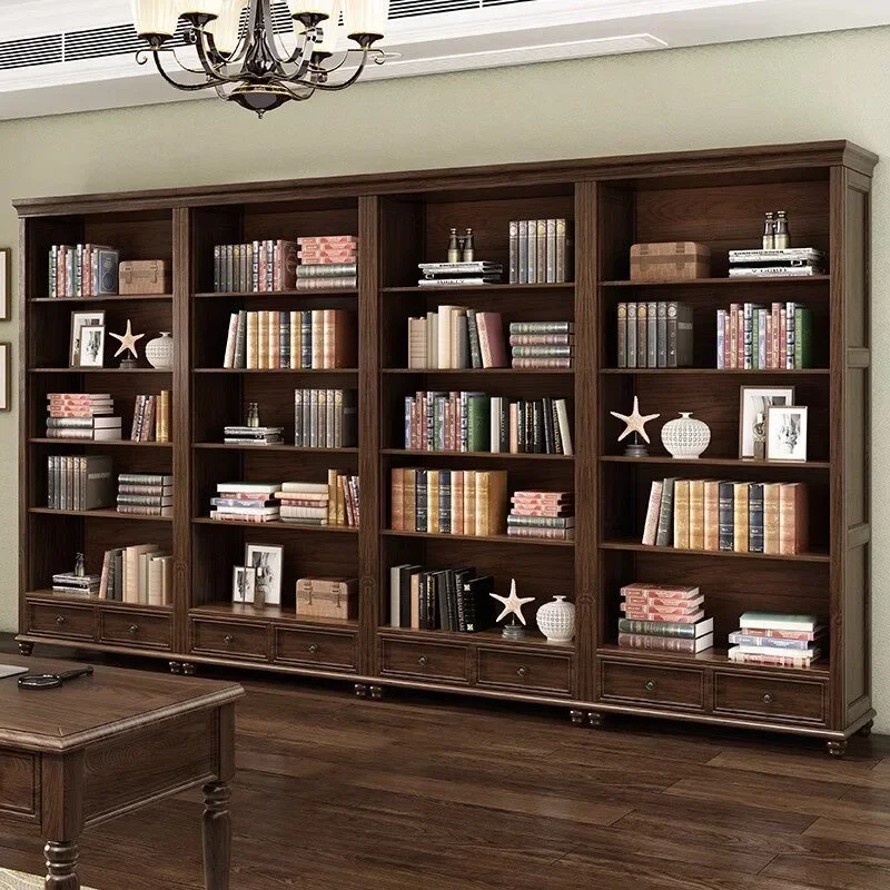 American all-solid wood combination with glass double three-door bookcase bookcase ash wood floor  hou