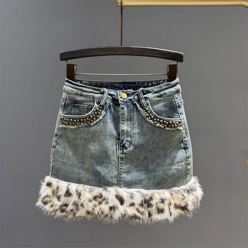 

Leopard Print Edge Patchwork Denim Skirt, Vintage Hot Girl Autumn New Slim Fit Age-Reducing Sexy Bodycon Short Skirt