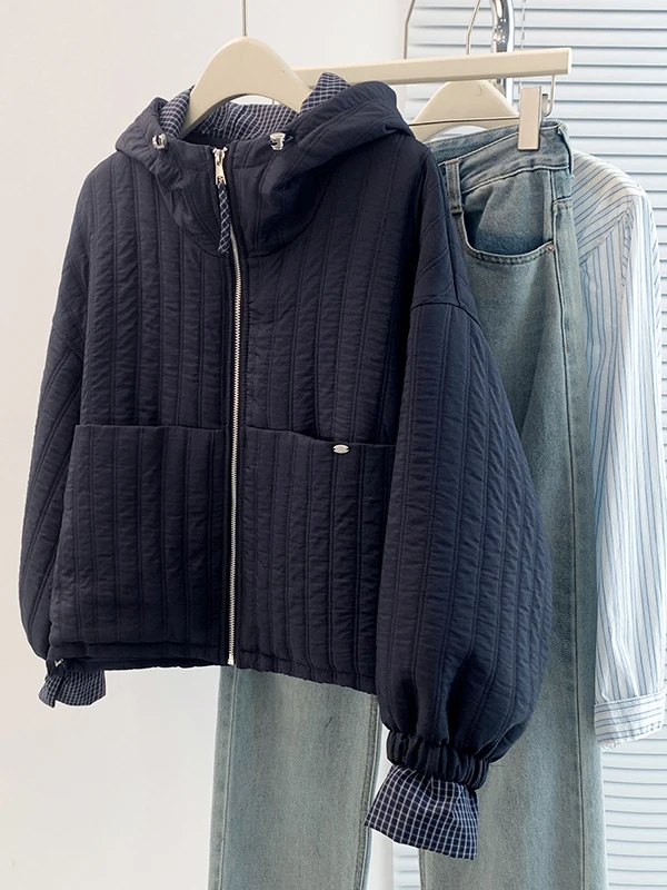 فضفاض عارضة المرأة القطن Jaet مقنعين المرقعة irt موسم الخريف الأوروبية والكورية Sle مريحة طويلة Sve سستة #1