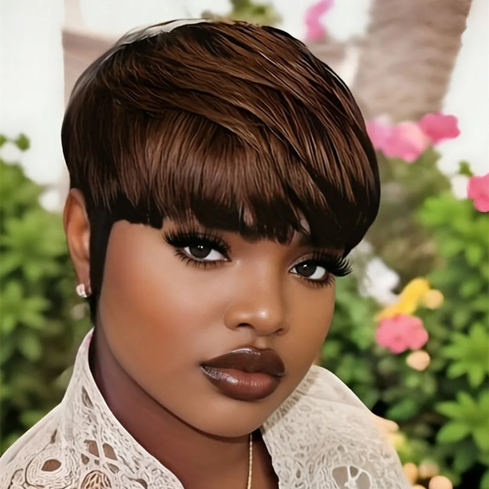 daily party use wig pixie cut wig short straight machine made pixie wig black brown color for women human hair wig