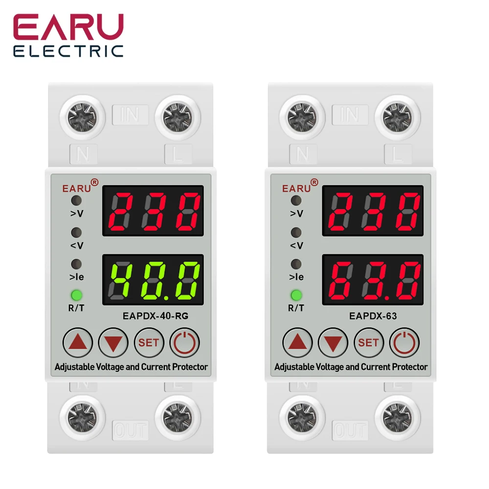 EARU Dual Display 40A 63A AC 230V Adjustable Over Under Voltage Device Protector Relay Limit Over Current Protection Din Rail