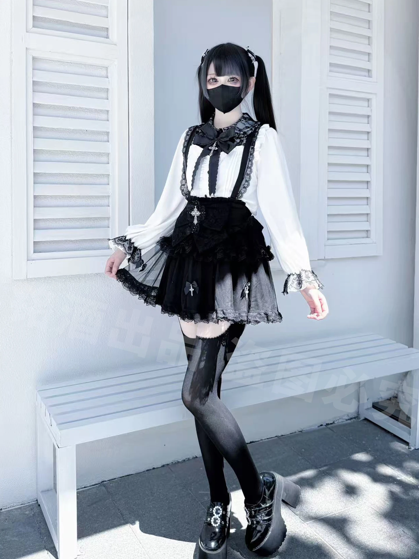 Subculture Gothic Long Sleeve Shirt+Strap Skirt 2-Piece Set Original Japanese Mine Mass-Produced  Lolita Top and Skirt Outfits