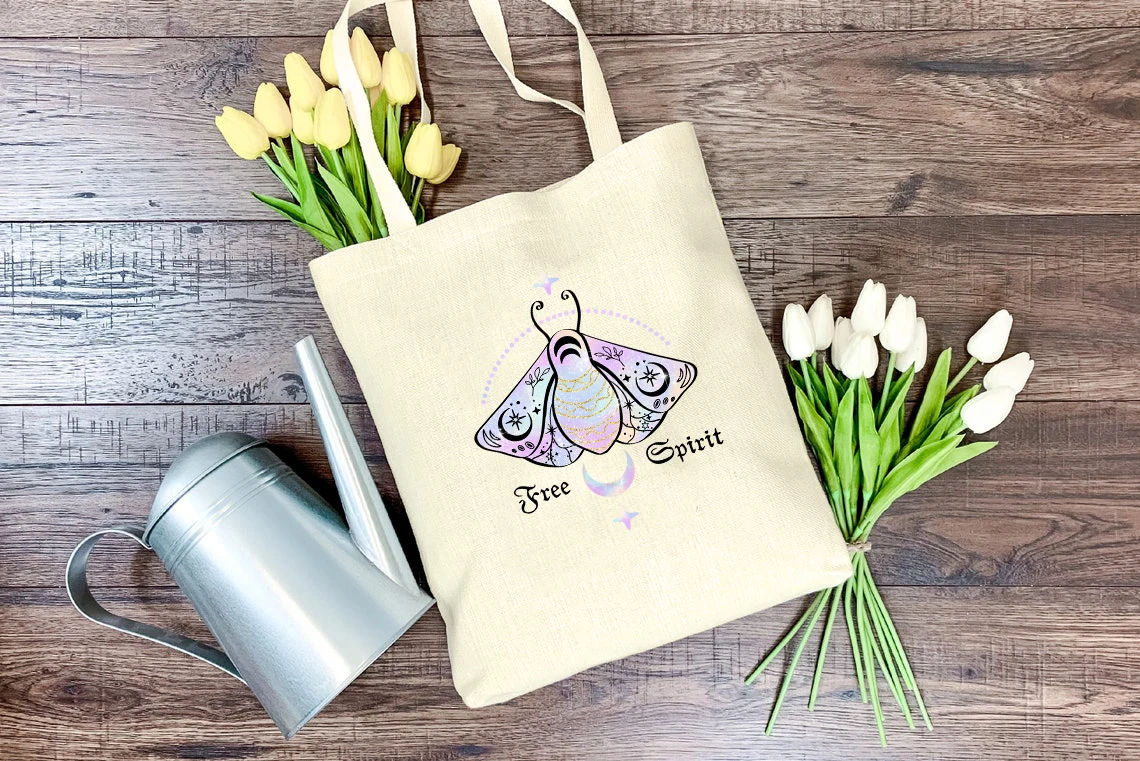 free spirit canvas tote bag Gothic women mystical moth boho shopping bags