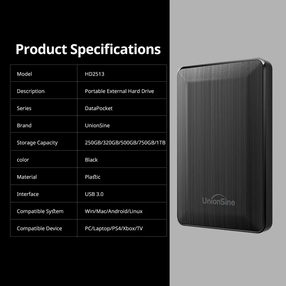 UnionSine HDD 2.5" Portable External Hard Drive 250gb/320gb/500gb/1tb/2tb USB3.0 Storage Compatible for PC Mac Desktop MacBook