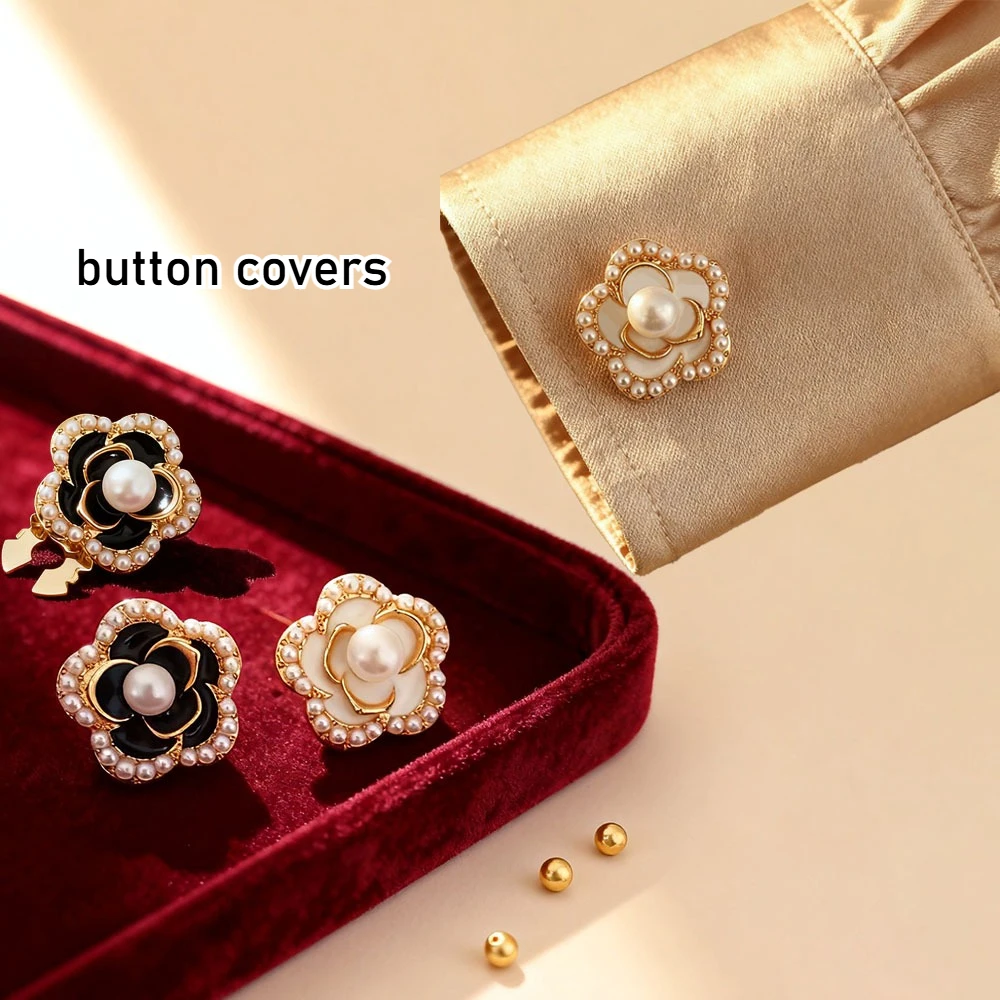 กระดุมโลหะรูปดอกไม้ประดับโบว์มุก 2 ชิ้น สำหรับตกแต่งเสื้อผ้า DIY กระดุมโลหะผสมสำหรับตกแต่งแขนเสื้อ