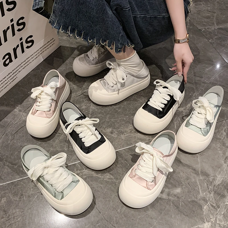 Ugly and Cute Big Head Bread Shoes Versatile for Women 2024 Spring/Summer/Autumn New Silk Thick Sole Little White Shoes