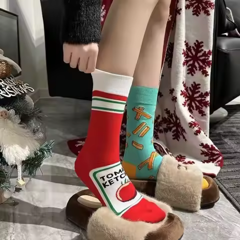 Unisex Funny Mid-Calf Socks with AB-Style Tomato Ketchup and French Fry Print for All Seasons