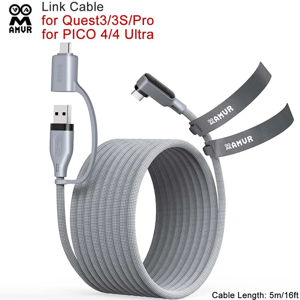AMVR Grey Date Cable for Quest 3S/ 3/ 2 USB 3.0 5m/16ft Stable Link Cable for PICO 4/ 4 Ultra VR Accessories LC6L